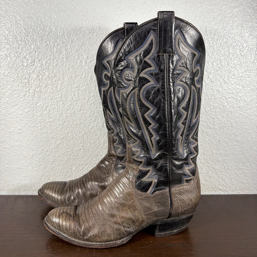 Vintage Panhandle Black Teju Leather Lizard Cowboy Boots Leather Mens 8.5 D